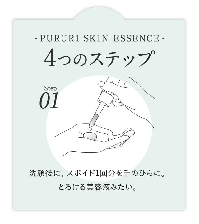 step01 洗顔後に、スポイド1回分を手のひらに。とろける美容液みたい。