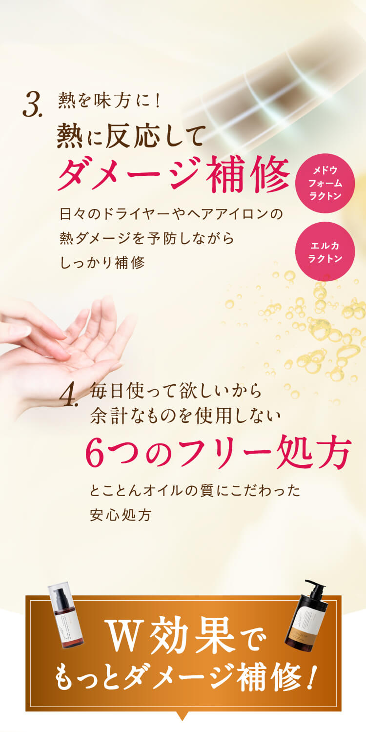 3、熱に反応してダメージ補修 4、余計なものを使用しない6つのフリー処方