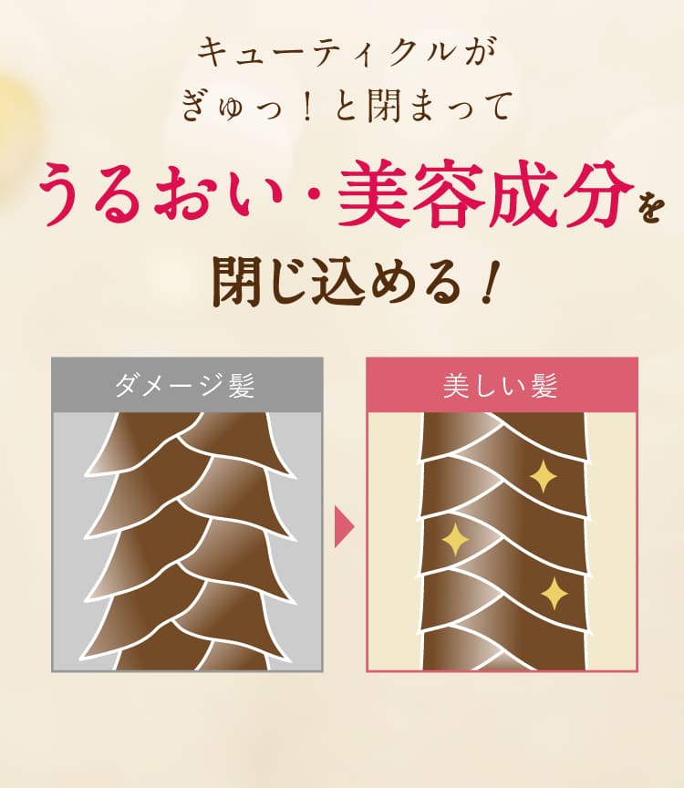 キューティクルがぎゅっと閉まってうるおい・美容成分を閉じ込める！